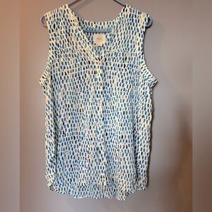 Maeve by Anthropologie Women's Sz 12 Sleeveless Rayon Blouse Wht/Blue Patterned